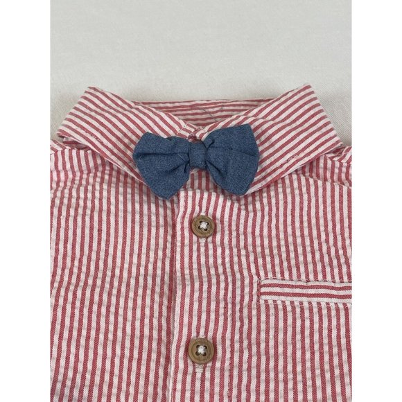 Infant Boys First Impressions Searsucker Striped Button Down Bow Tie Red White - Picture 2 of 6